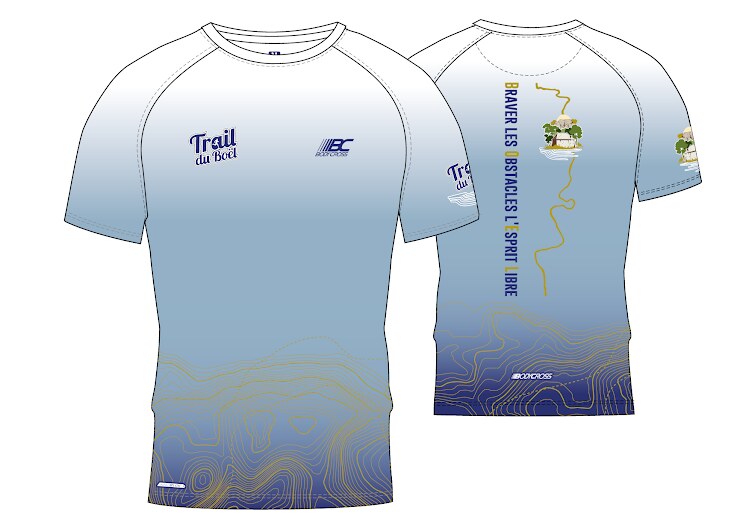 T-shirt Trail du Boël 2026, dégradé bleu à motif topographique